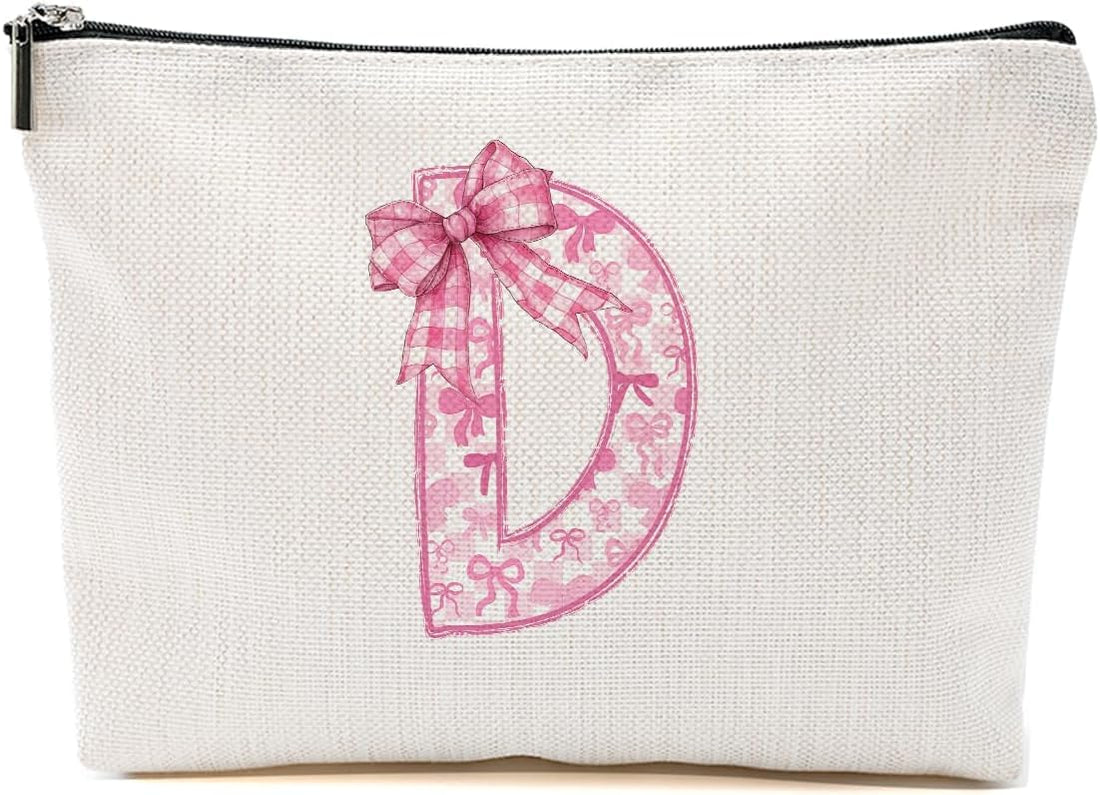 Personalized Initial Letter Makeup Bag, Rose Initial Cosmetic Bag with Zipper Birthday Gifts for Women Girls, Pink bow (D)