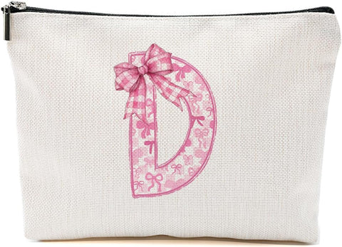 Personalized Initial Letter Makeup Bag, Rose Initial Cosmetic Bag with Zipper Birthday Gifts for Women Girls, Pink bow (D)