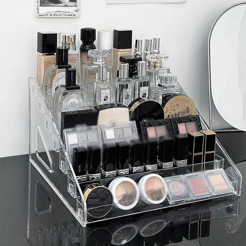 Premium Acrylic Makeup Stand - 5-Tier Clear Display for Lipstick, Nail Polish, Eyeshadow, Perfume Sets, Clothing, Bottles, and Retail Items with Elegant Space Optimization