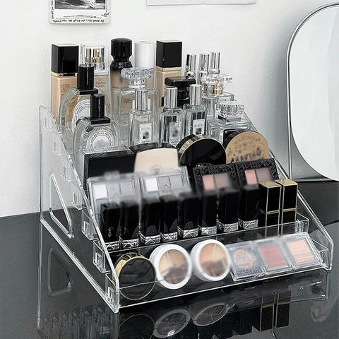 Premium Acrylic Makeup Stand - 5-Tier Clear Display for Lipstick, Nail Polish, Eyeshadow, Perfume Sets, Clothing, Bottles, and Retail Items with Elegant Space Optimization