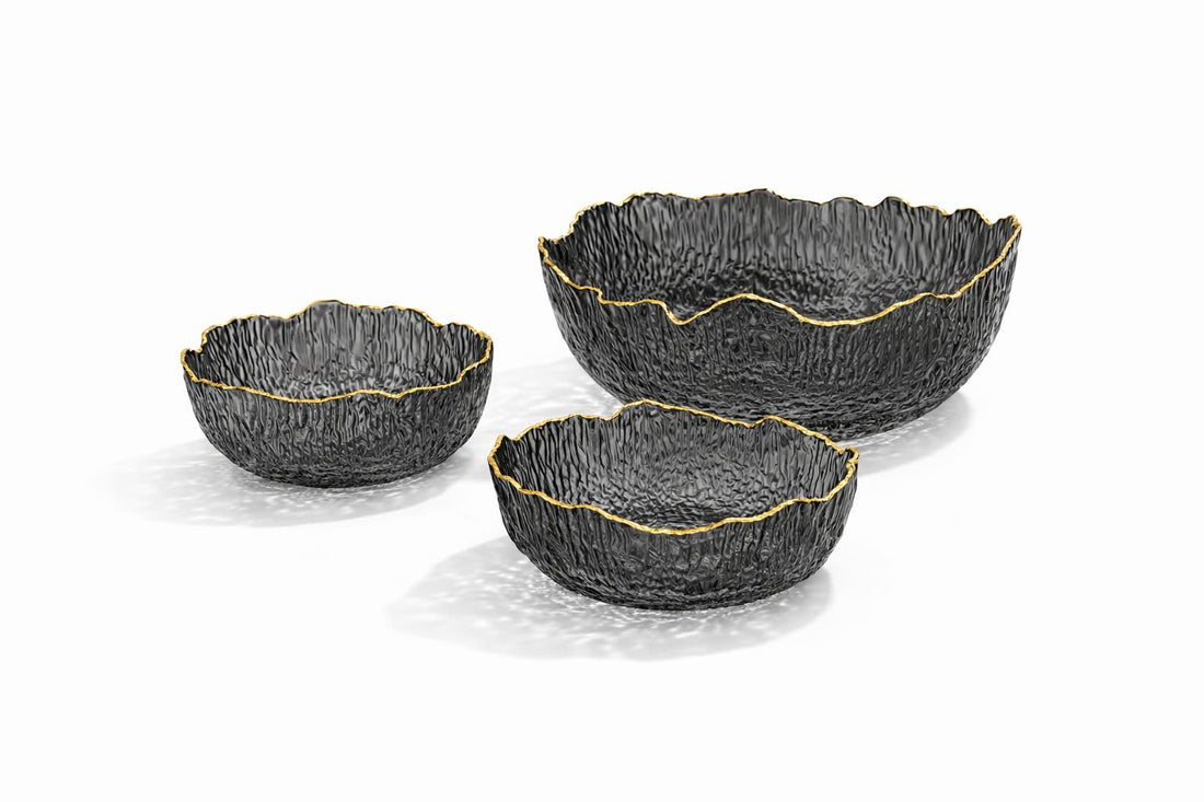 3 PCS Glass Bowl Set with Gold Rim – Premium Textured Glass Serving Bowls for Salad, Fruit, Snacks & Desserts, Elegant Tableware for Kitchen, Dining, Parties & Home Use (Black with Gold Rim)
