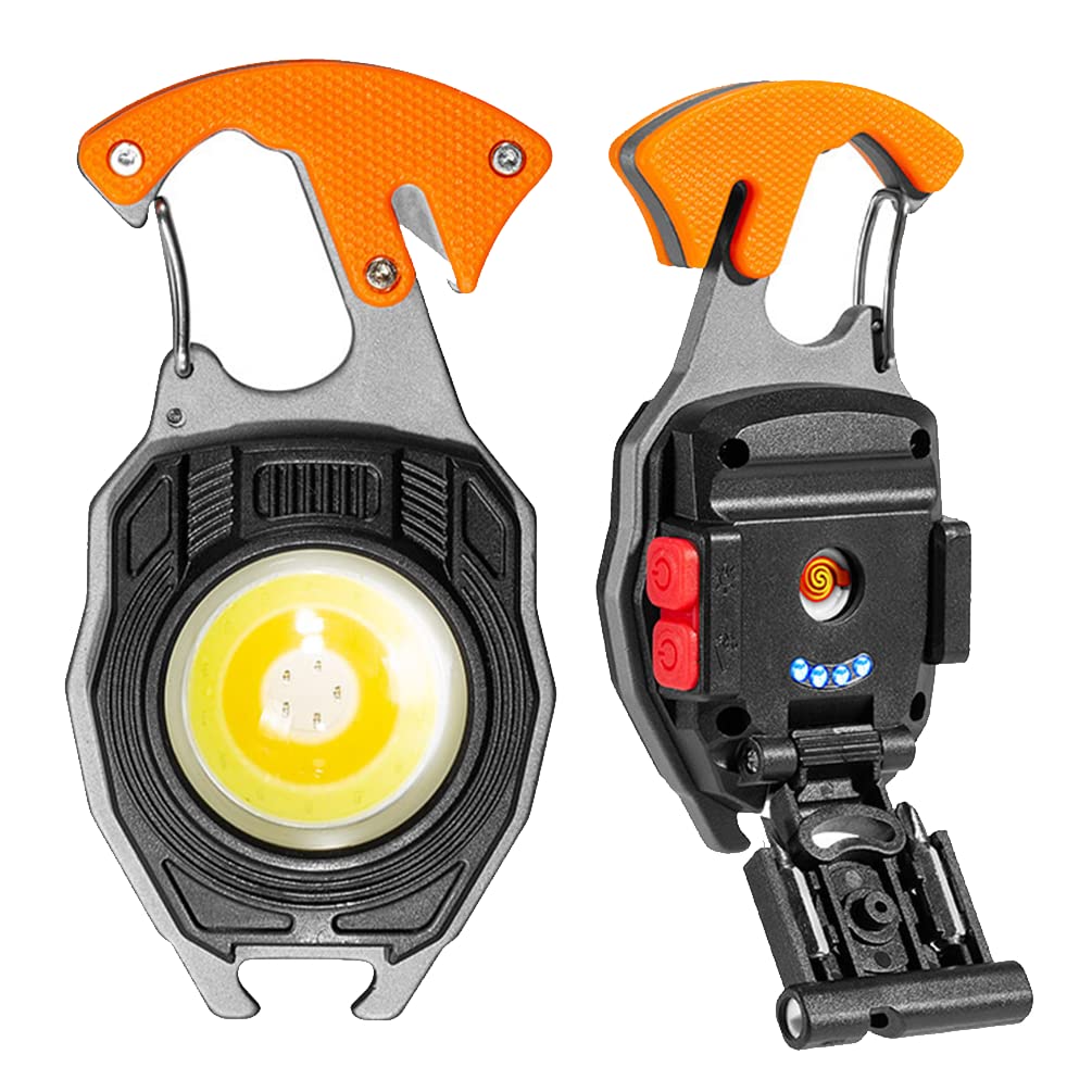 BY-J LED Small Flashlight, Key Chain Light, COB Multi-Function Mini Work Light, 500 Lumens Rechargeable, 6 Lighting Modes, with Cigarette Lighter, Seat Belt Cutter, Screwdriver, Whistle
