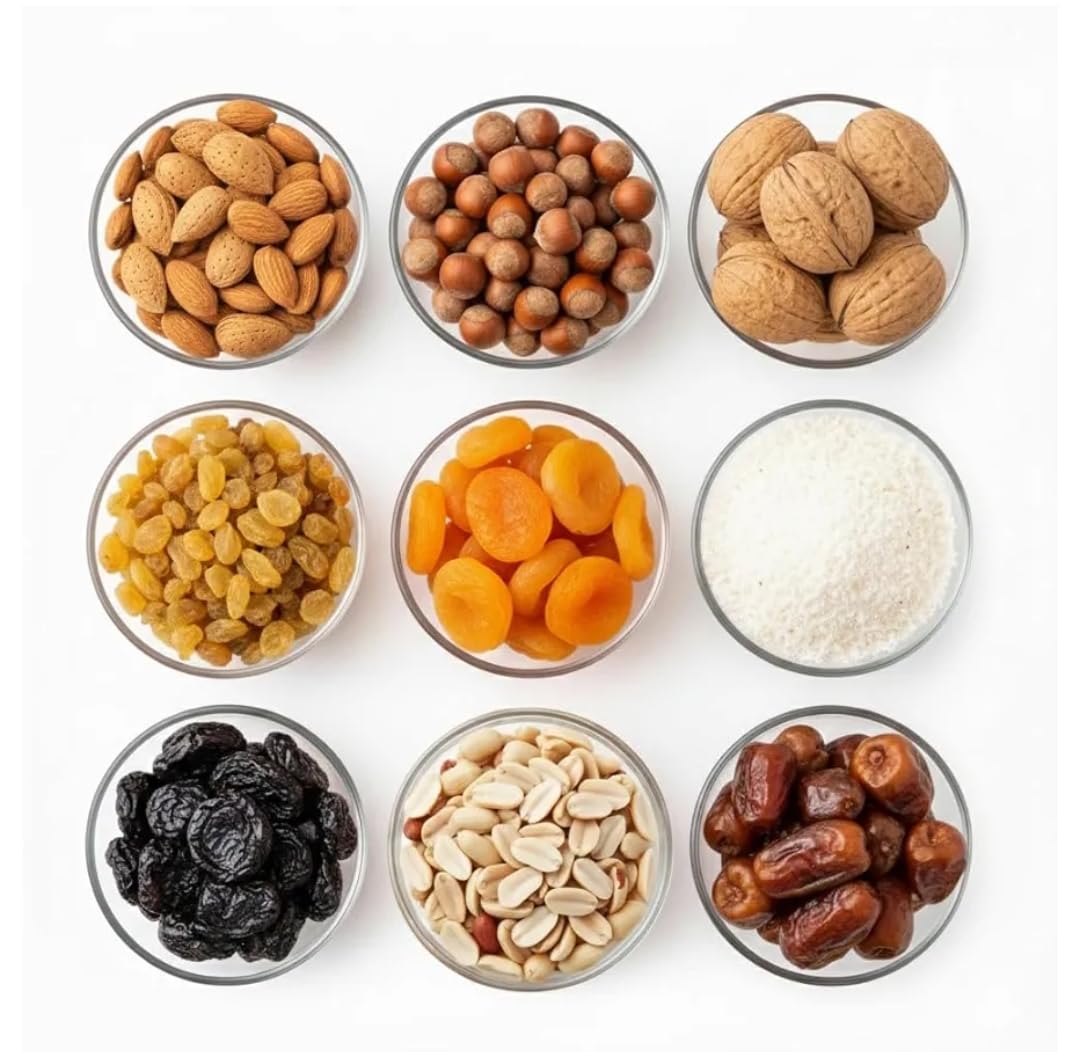 Happiness Box for Nuts & Dried Fruits, Contains Almonds, Hazelnuts, Walnuts, Peanuts, Raisins, Dried Apricots, Nettles, Dates, Coconut, 9 Varieties