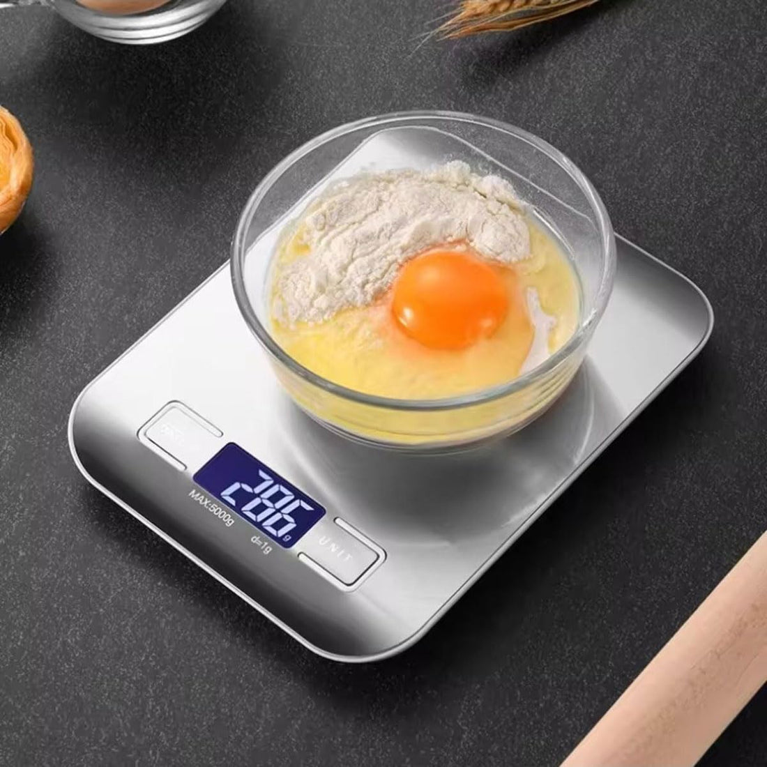 Deconovo Digital Kitchen Scales with Stainless Steel Surface, Precision Measurement (1 g - 5 kg), Tartening Function, Digital Kitchen Scales, Elegant and Compact Design (Battery Included)