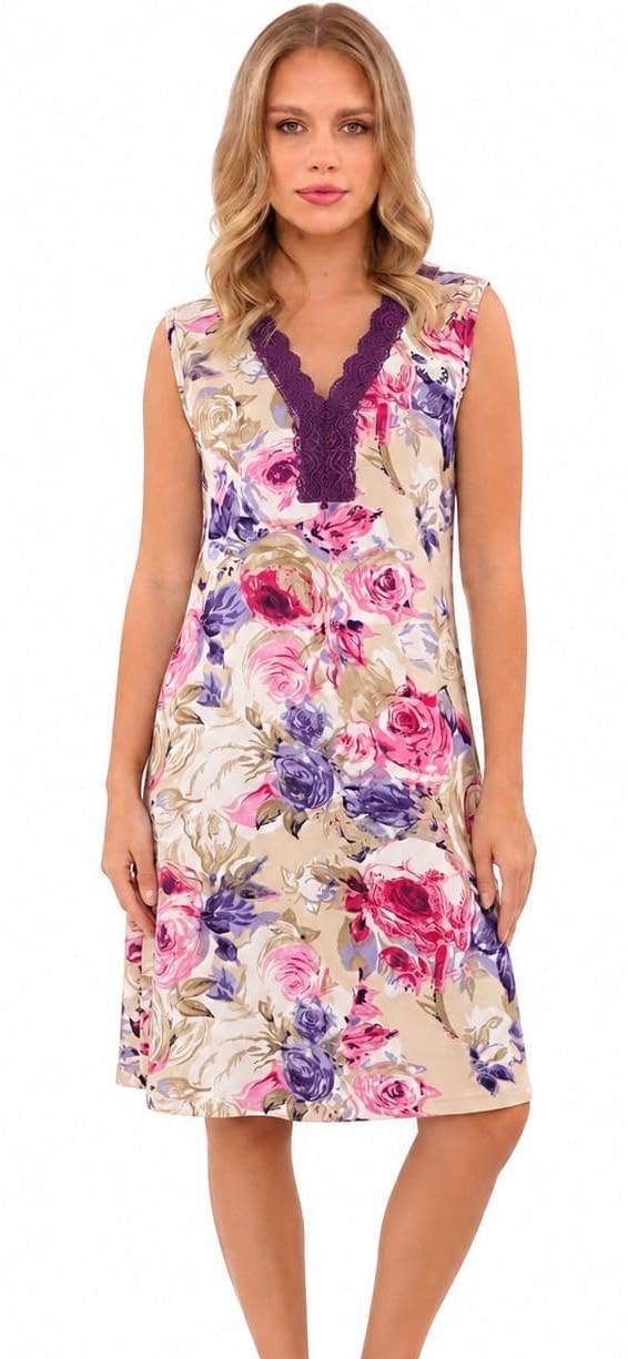 Dabbagh Women's Sleeveless Home Sleep Dress – Long Nightgown with Lace Neckline and Soft Floral Print, Comfortable for Sleeping and Relaxing at Home