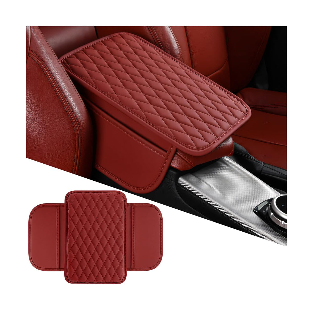 Mandark Car Center Console Cover, Microfiber Leather Vehicle Armrest Protector Cushion with 2 Storage Bags, Auto Interior Arm Rest Seat Box Pad Accessories, Universal for SUV, Sedan, Truck (Wine Red)