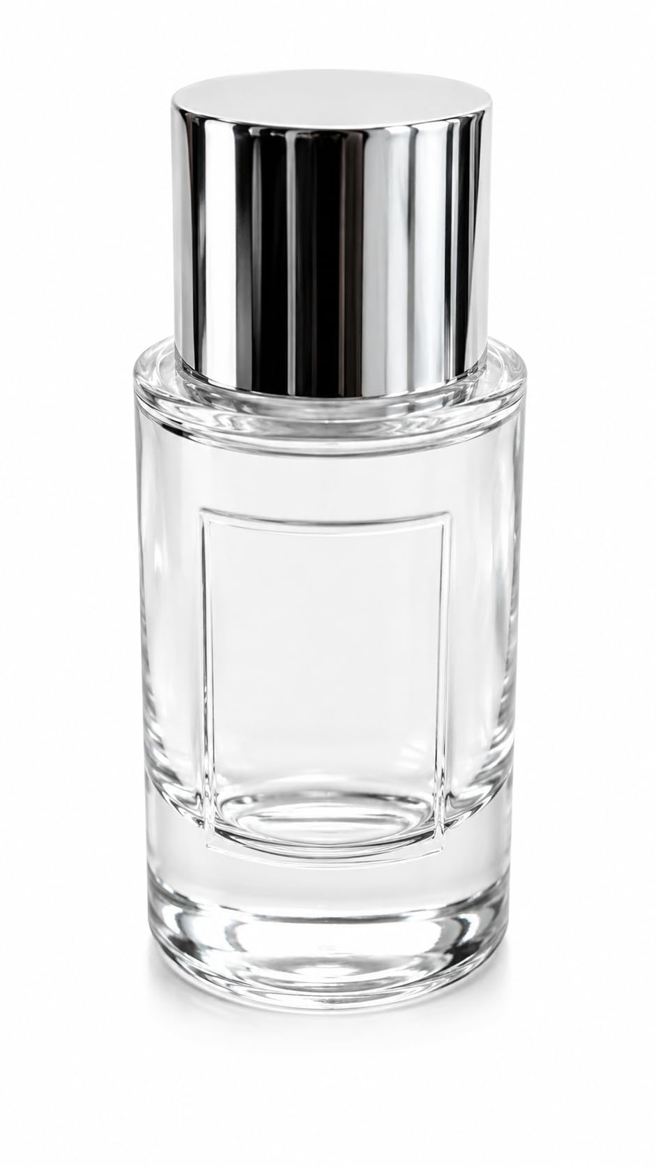 Empty Clear Glass Perfume Bottle with Silver Chrome press fit Cap, Cylindrical Style, Refillable, 50ml