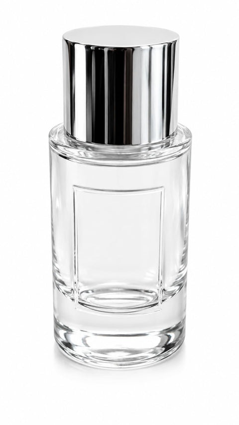 Empty Clear Glass Perfume Bottle with Silver Chrome press fit Cap, Cylindrical Style, Refillable, 50ml