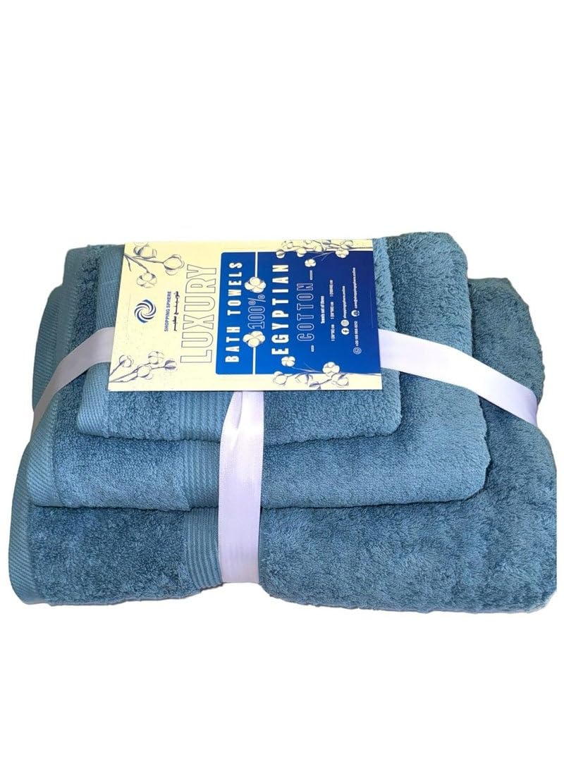 Jacquarddina Set of Bath Towels Jeans Blue (3 Luxuary Towels: 30X30cm & 50X100cm & 70X140cm) 100% Egyptian Cotton