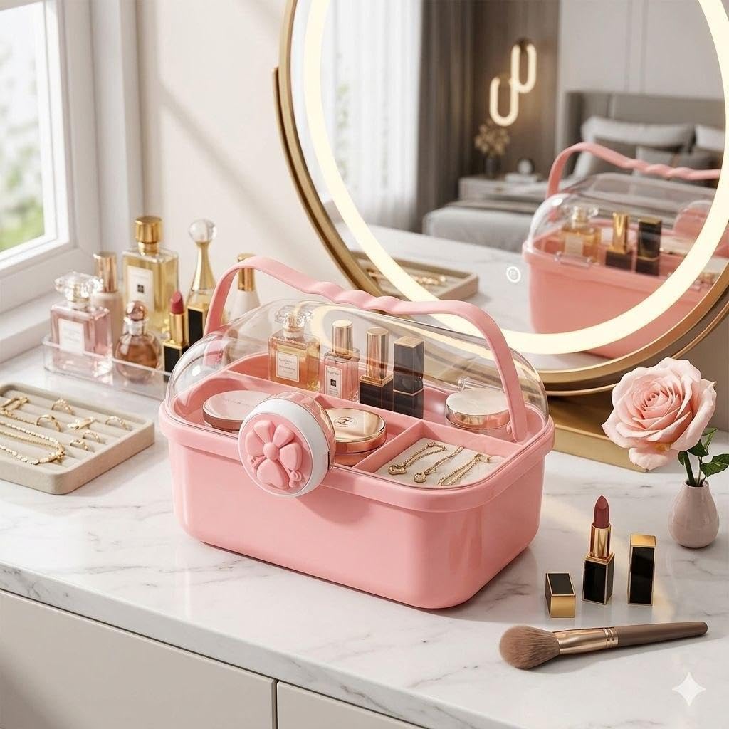 JEWELRY BOX - Double layer storage case and clear lid with carrying handle. Perfect for storing rings, earrings, makeup, medicine and sewing supplies. Practical, lightweight design for traveling and o