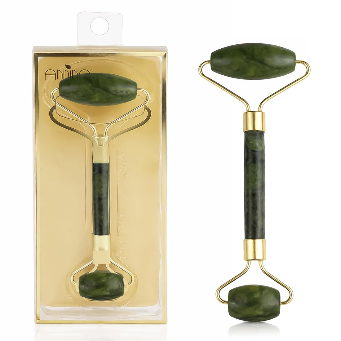 Annina - Jade Facial Massage Roller, Double-Ended Design with Gold Metal Frame, Suitable For Facial promotion, Eye Massage To Remove Wrinkles