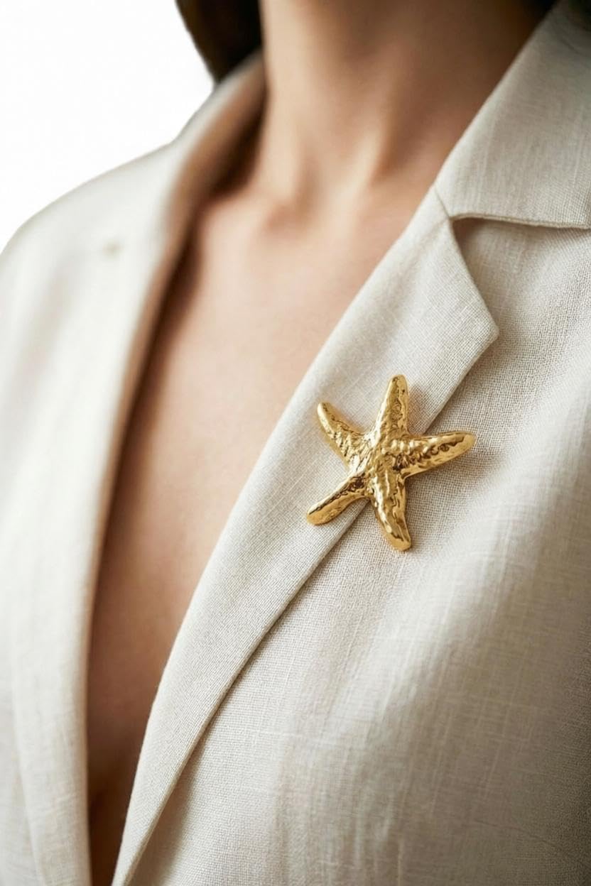 Brooch Set - Elegant Gold-Tone Nautical Jewelry Collection Featuring Starfish, Seashell, Sun, and Spiral Designs for Ocean Lovers and Beach Style Enthusiasts Seeking Unique Accessories.