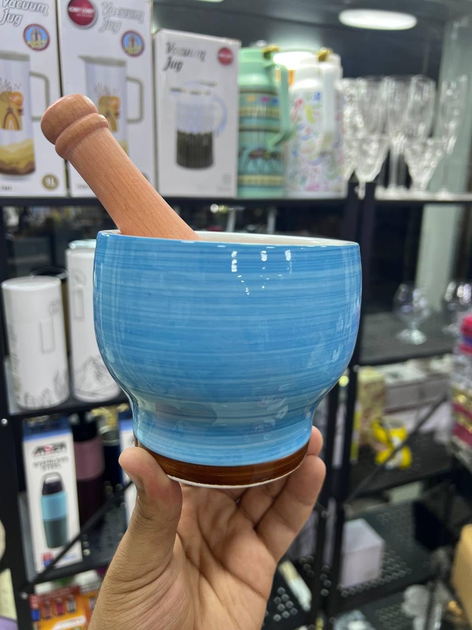 Generic Ceramic Mortar and Pestle Set, Blue Glazed Bowl with Wooden Pestle, Kitchen Grinding Tool .sa