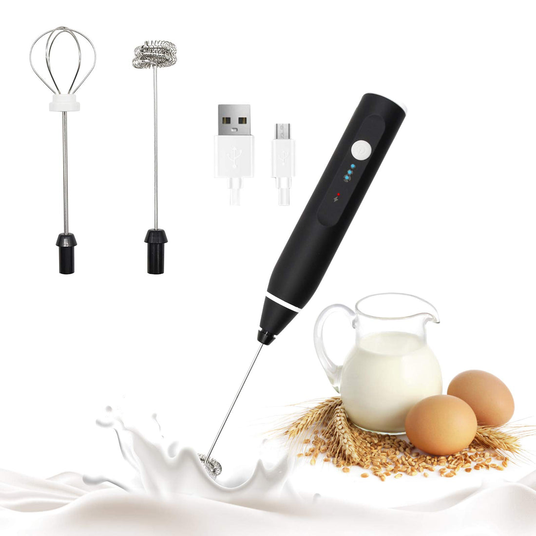Dmyond Rechargeable Electric Milk Frother Handheld, 3 Speeds Handheld Electric Milk, Portable Mini Whisk, Coffee Mixer with Double Whisks for Coffee Latte Cappuccino Frappe Matcha Drinks Egg - Black