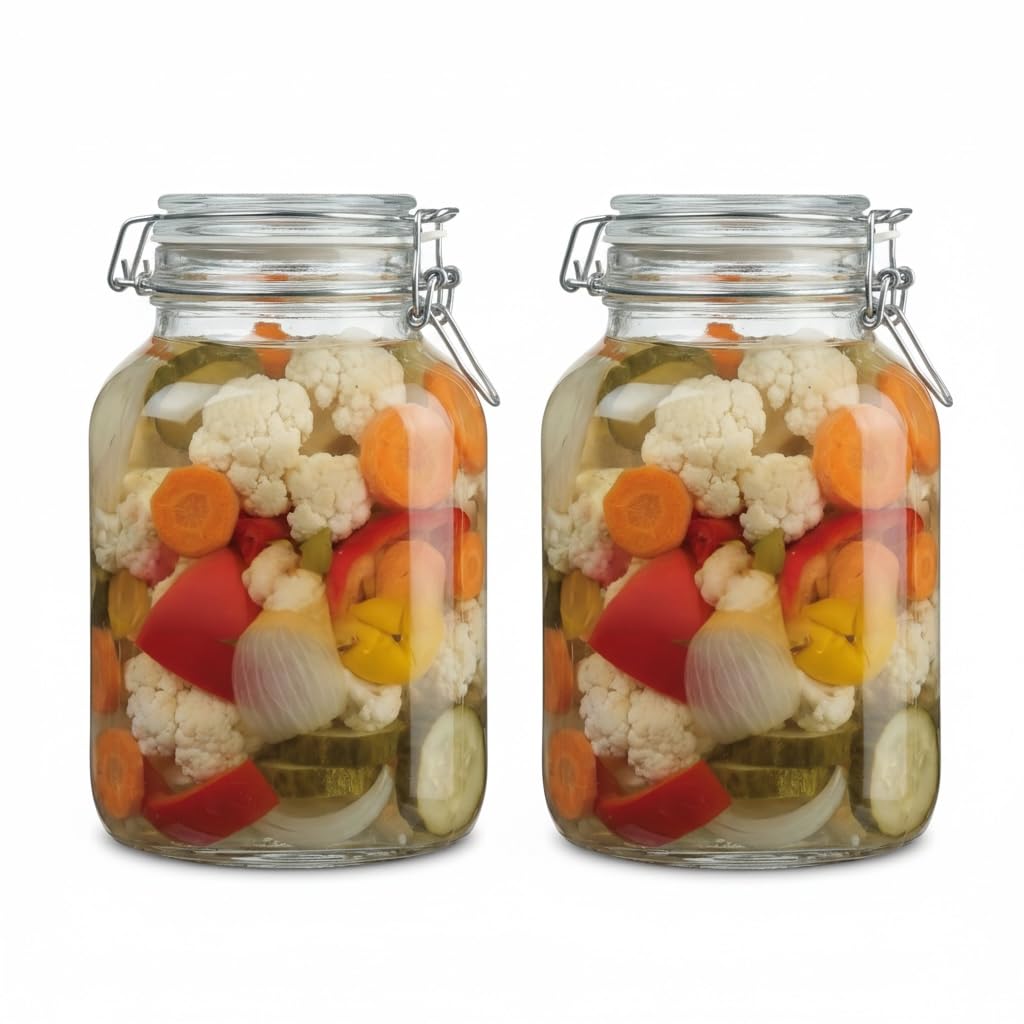 Airtight Glass Jar with Metal Clip and Silicone Gasket for Food Storage and Preservation – Ideal for Pickles, Spices, Legumes, and Yamish – High Quality Pure Glass (2, 1500ml)