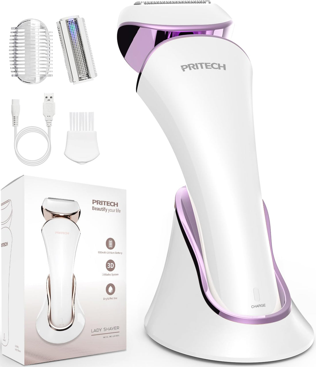 Electric Shaver for Women, Women's Razor, Bikini Trimmer, Body Hair Removal for Legs and Armpits, Painless Cordless Rechargeable Wet and Dry (White-Purple)