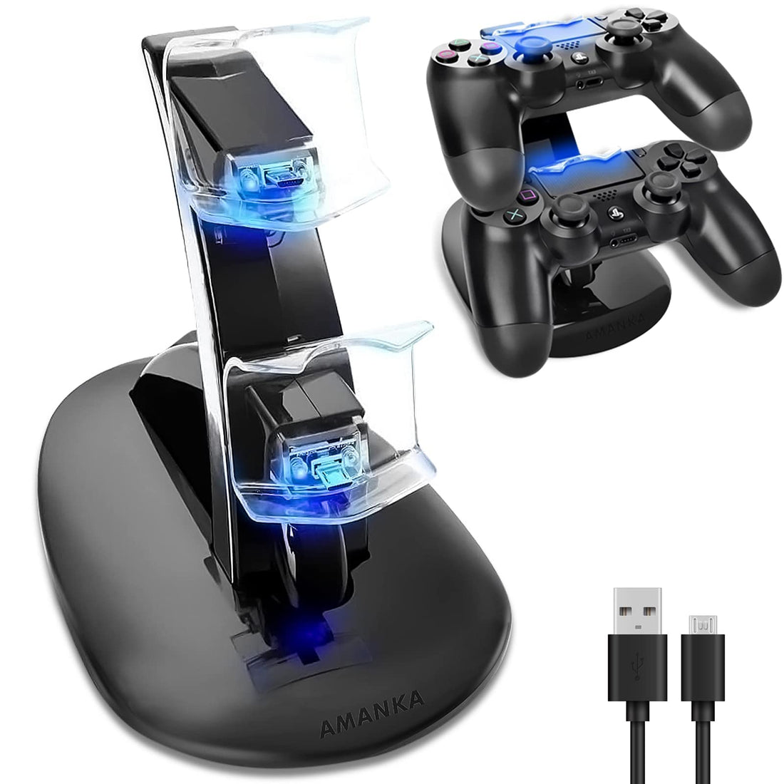 AMANKA PS5 Controller Charger, Charging Dock Compatible with DualSense Playstation 5 Controllers, Dual Type-C Docking Station Holder with LED Indicators … (White) (Black)