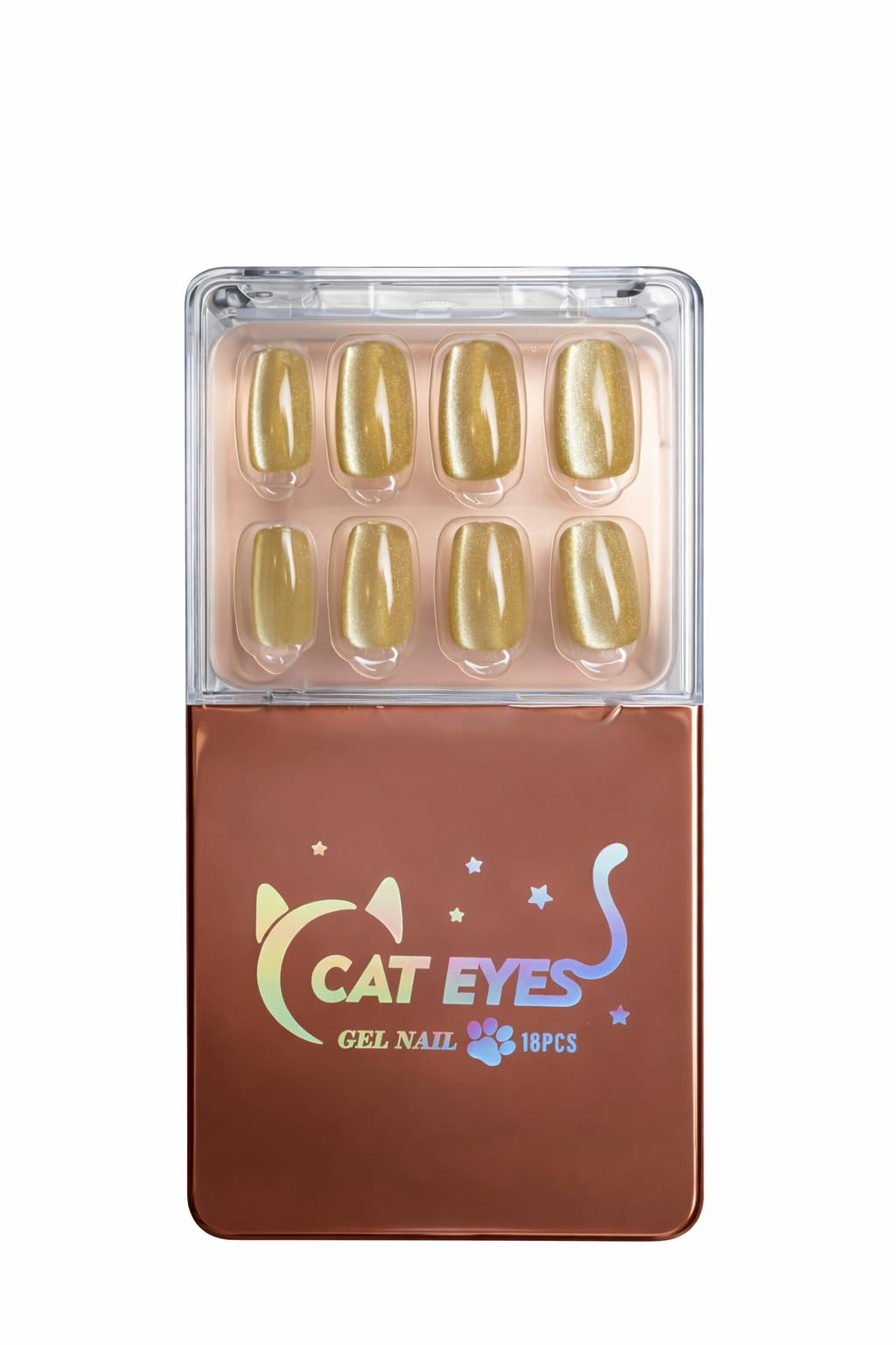 15 Pcs Cat Eyes Press On Gel Nails, Gold Shimmer Glossy Artificial Nails