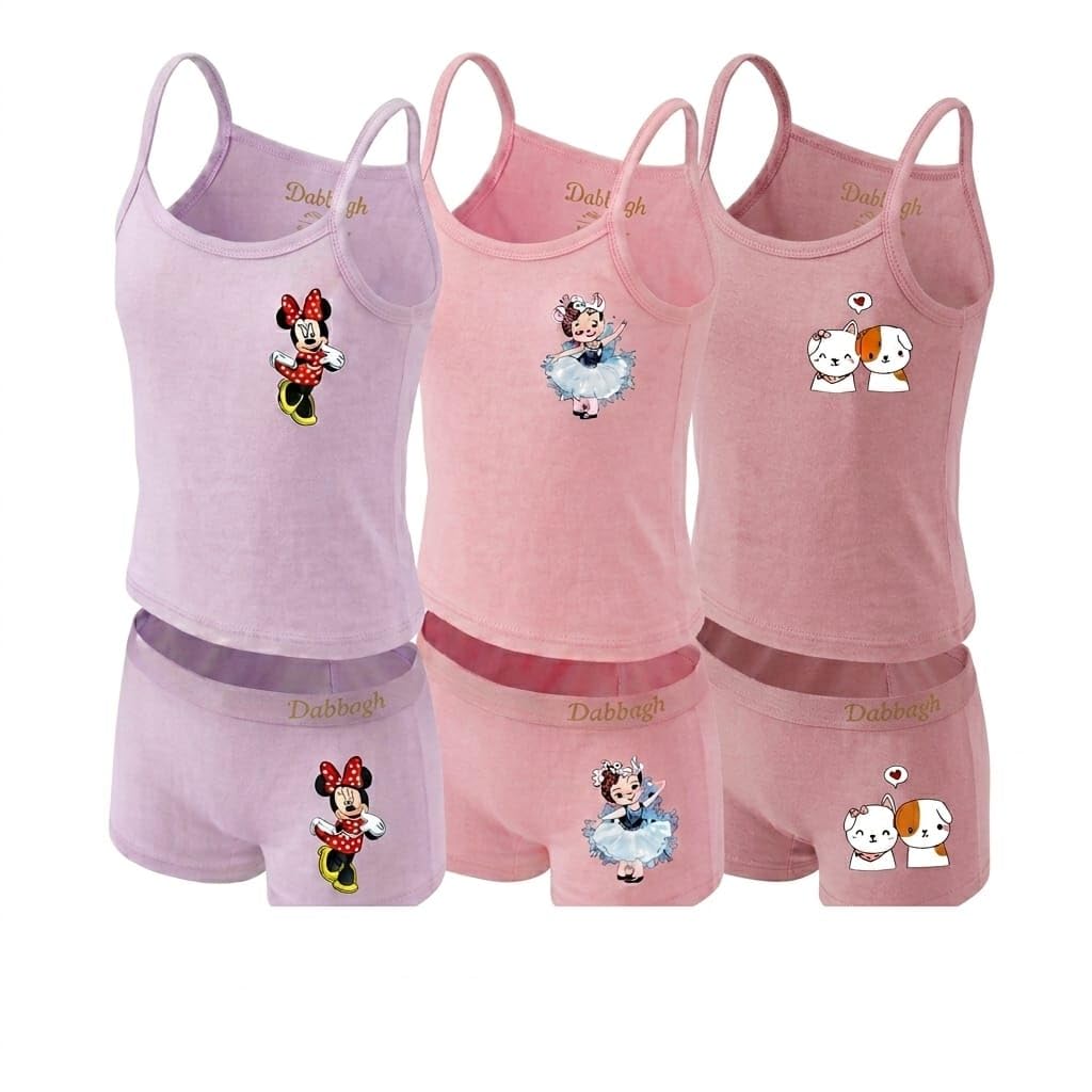 Dabbagh Girls Cotton Elastane Camisole and Boyshorts Underwear Set, Assorted Prints, Ages 2-16