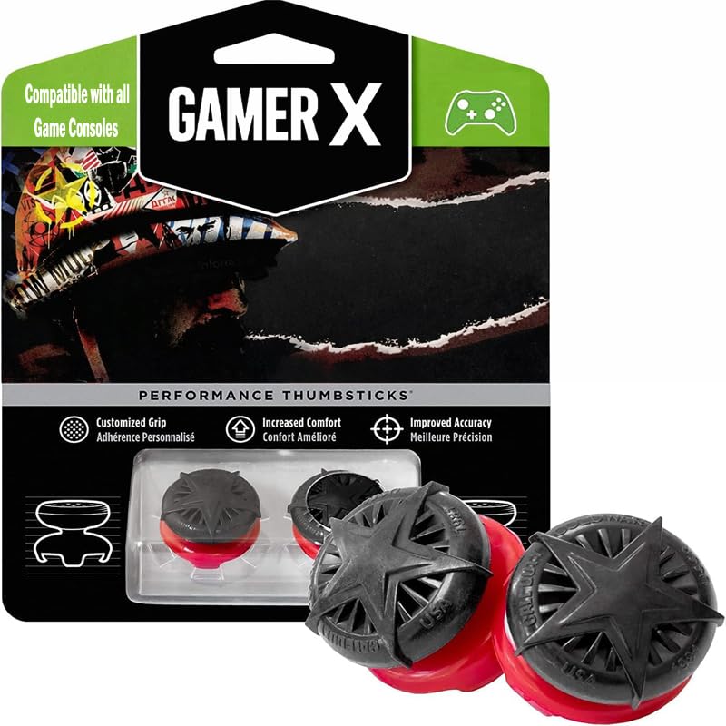 Gamer X Star Thumb Grip for PS5 & PS4 Controller – Anti-Slip Joystick Caps for Precision & Gaming Thumbsticks (Red & Black)