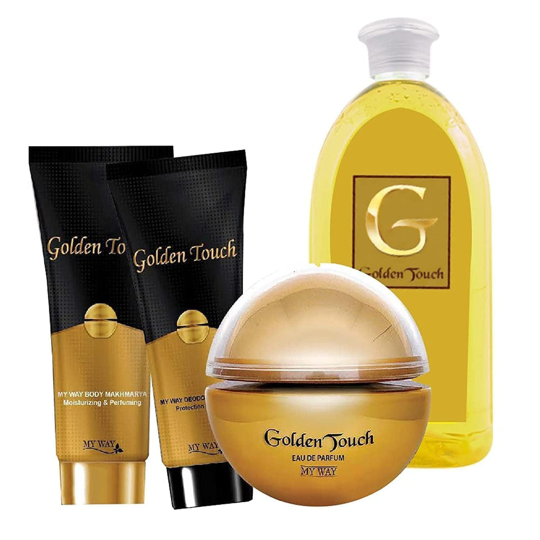 The Golden Touch My Way collection includes a perfume , deodorant , fermented body and a shower gel.