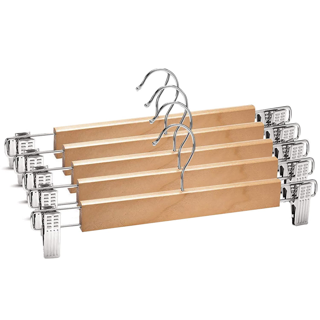 Naayaab Craft Wooden Hangers with Metal Clips | Rubber Grip Metal Clip | Smooth Finish Solid Wood Hanger for Pants, Skirts, Slacks, Tank Tops | 360° Swivel Hook (Natural) Pack of- 5