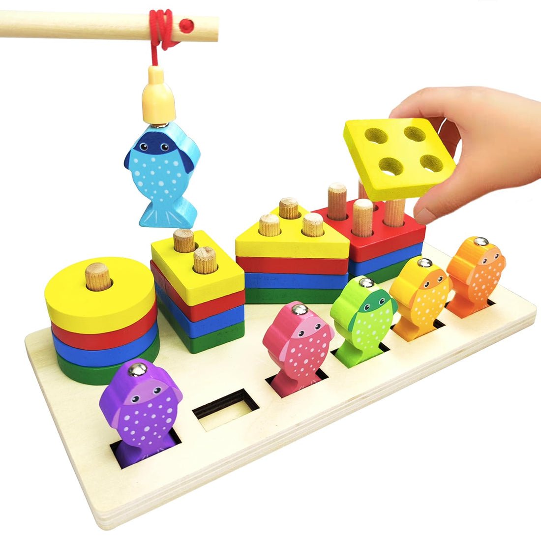 Shape Sorters for Toddlers 1-3,2 in 1 Natural Wooden Toddler Montessori Toys for 1 2 3 4 5 Year Old (Stacking Toys and Magnetic Fishing Game),Improve Fine Motor Skills