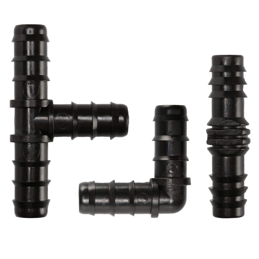 Genrics Drip Irrigation Connector Kits 5 Tees 5 Couplings 5 Elbow Fittings Black Plastic Garden Hose Parts and Connectors (16 Mm) - 15 Pieces