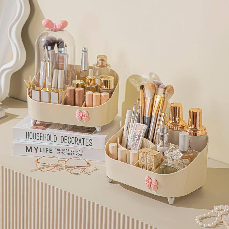 Makeup Storage Organizer Box with Bow Design, Cosmetic Holder with Dustproof Brush Cover, Multi Section Vanity Organizer for Lipsticks Skincare and Beauty Accessories