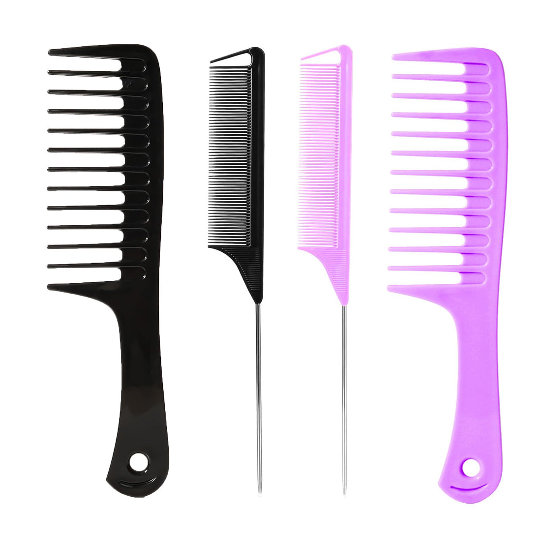 Fgail 4PCS Wide Tooth & Rat Tail Hair Combs Set for Men & Women(Black+Purple)