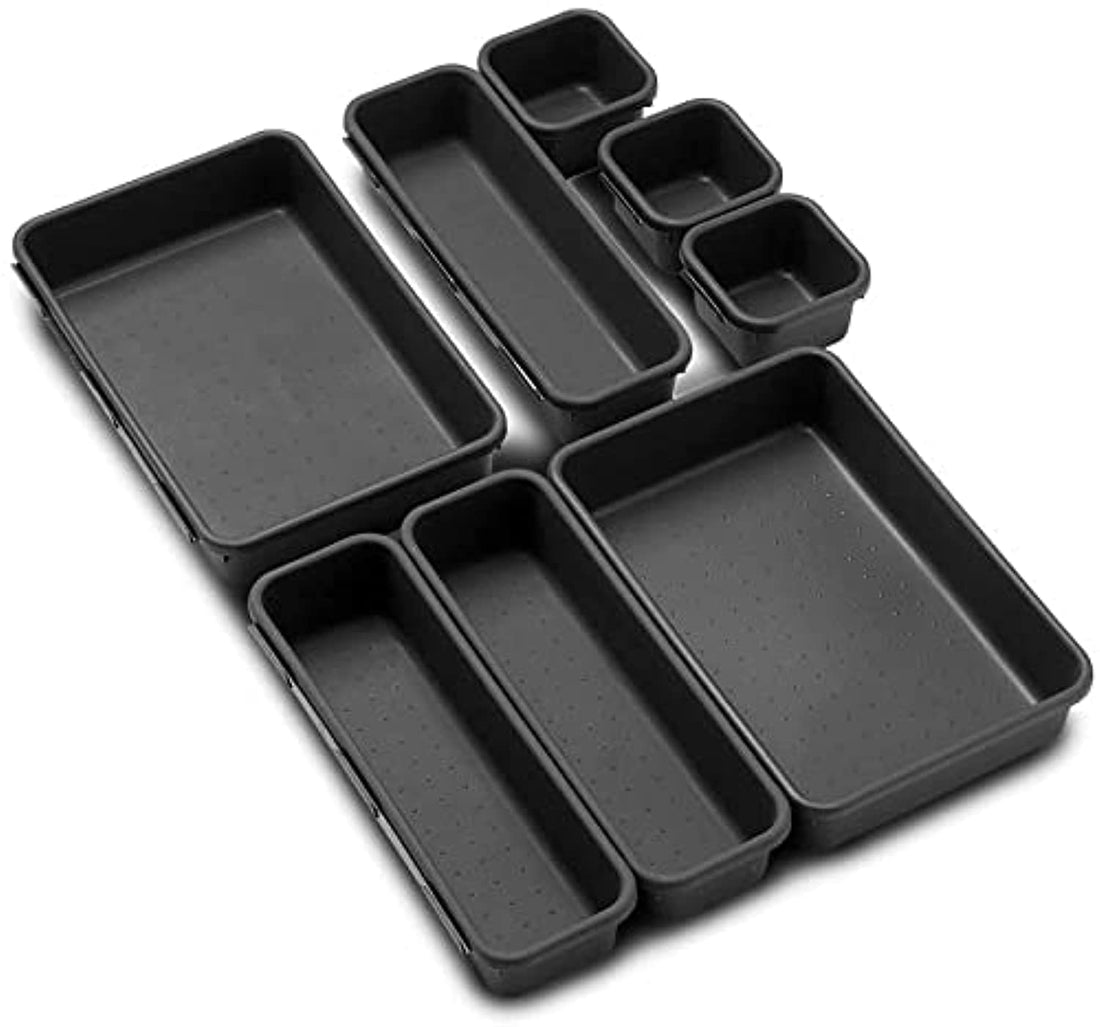 Plastic Cutlery Drawer Organizer Tray, Interlocking Design with Adjustable Compartments, Ideal for Desk or Kitchen Storage, Durable Plastic Divider Set, 8 Pieces, 33x7x5 cm, Dark Grey