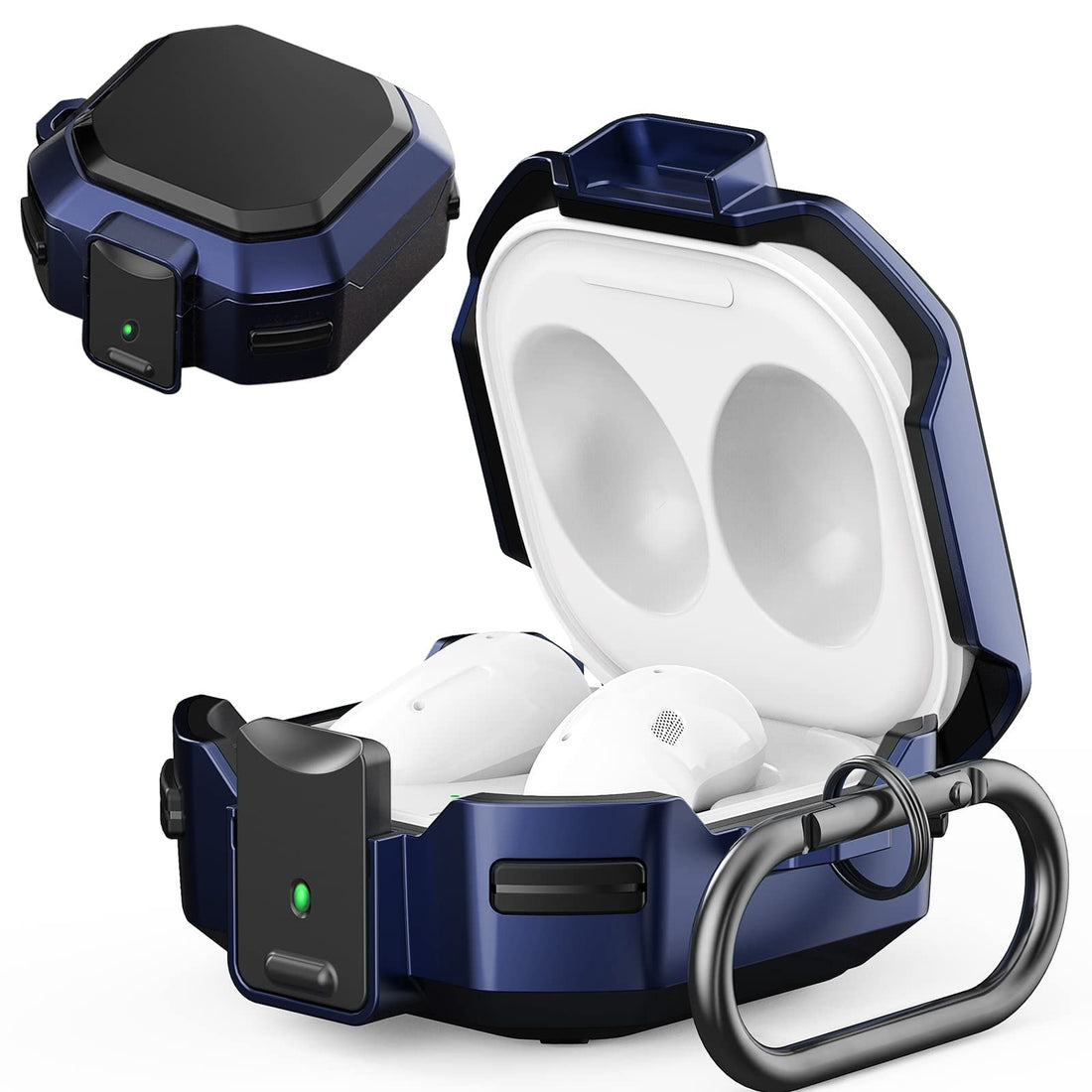 DELFINO Armor Case Cover for Samsung Galaxy Buds Pro, Galaxy Buds Live, Galaxy Buds 2 Case Cover with Security Lock, Hard Rugged PC Shockproof Case Cover with Keychain/Straps (Blue)