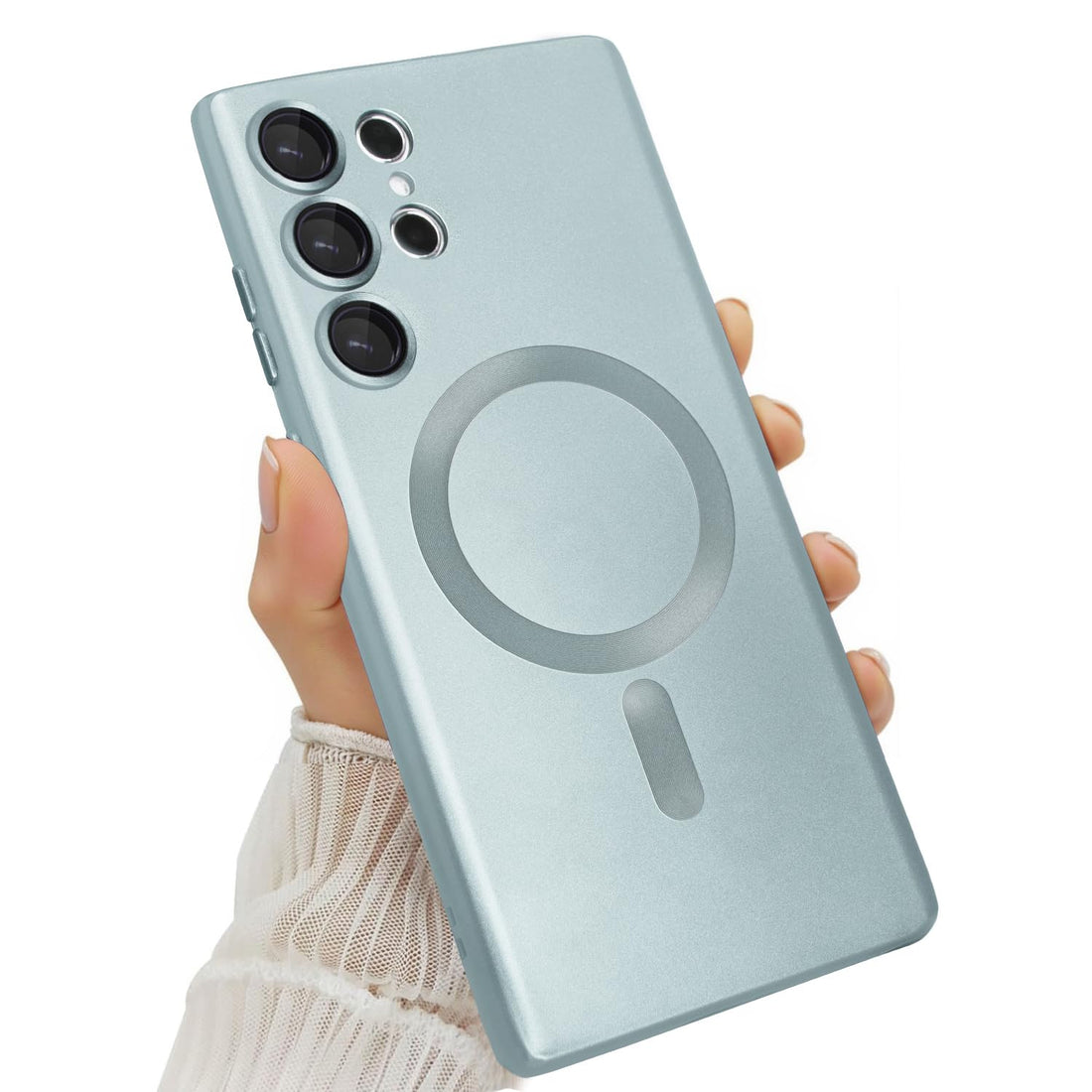 Magnetic for Samsung Galaxy S25 Ultra Case for Women Men Girls [Compatible with MagSafe][Camera Lens Protector] Matte Cute Slim Soft Silicone Bumper Shockproof Metallic Phone Case, Light Blue
