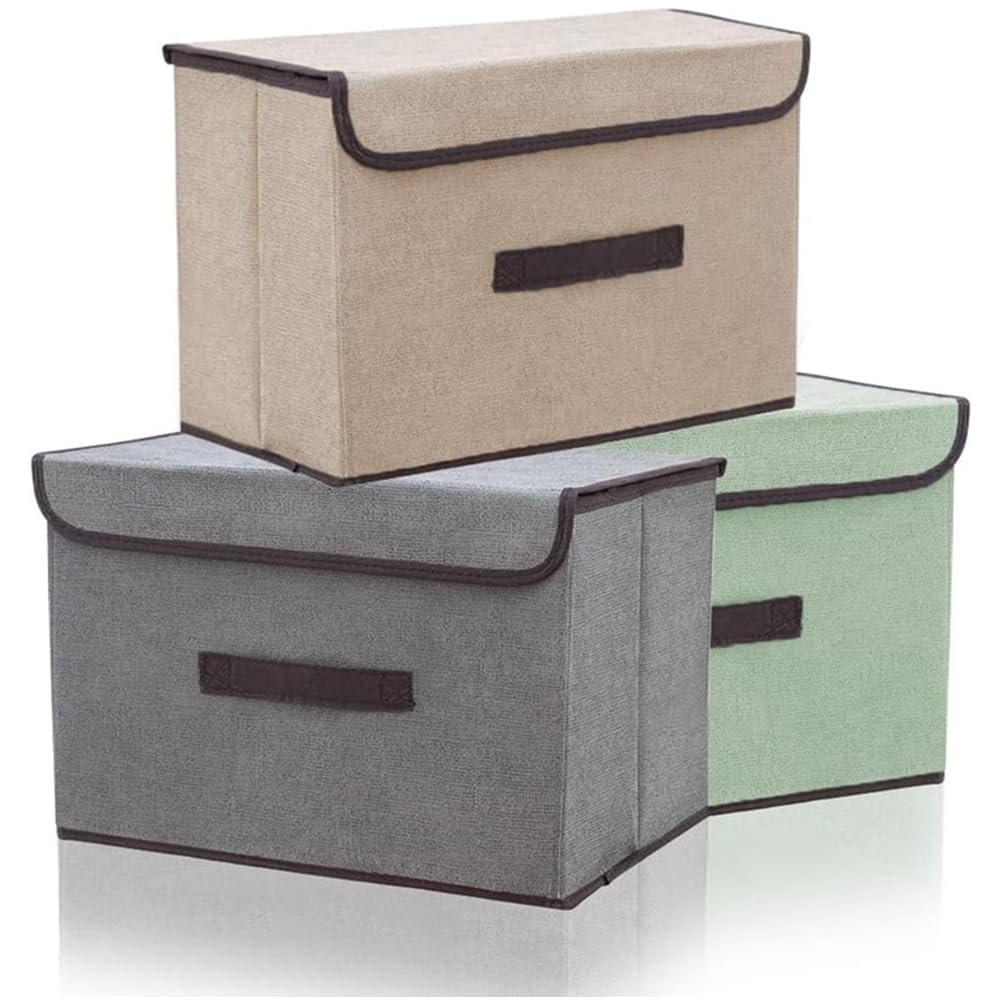 Beauenty 3 Pack Foldable Linen Storage Box with Lift-Off Lid and Handle Design, 36x24x23 cm, Perfect for Clothes, Books, or Clutter Organization