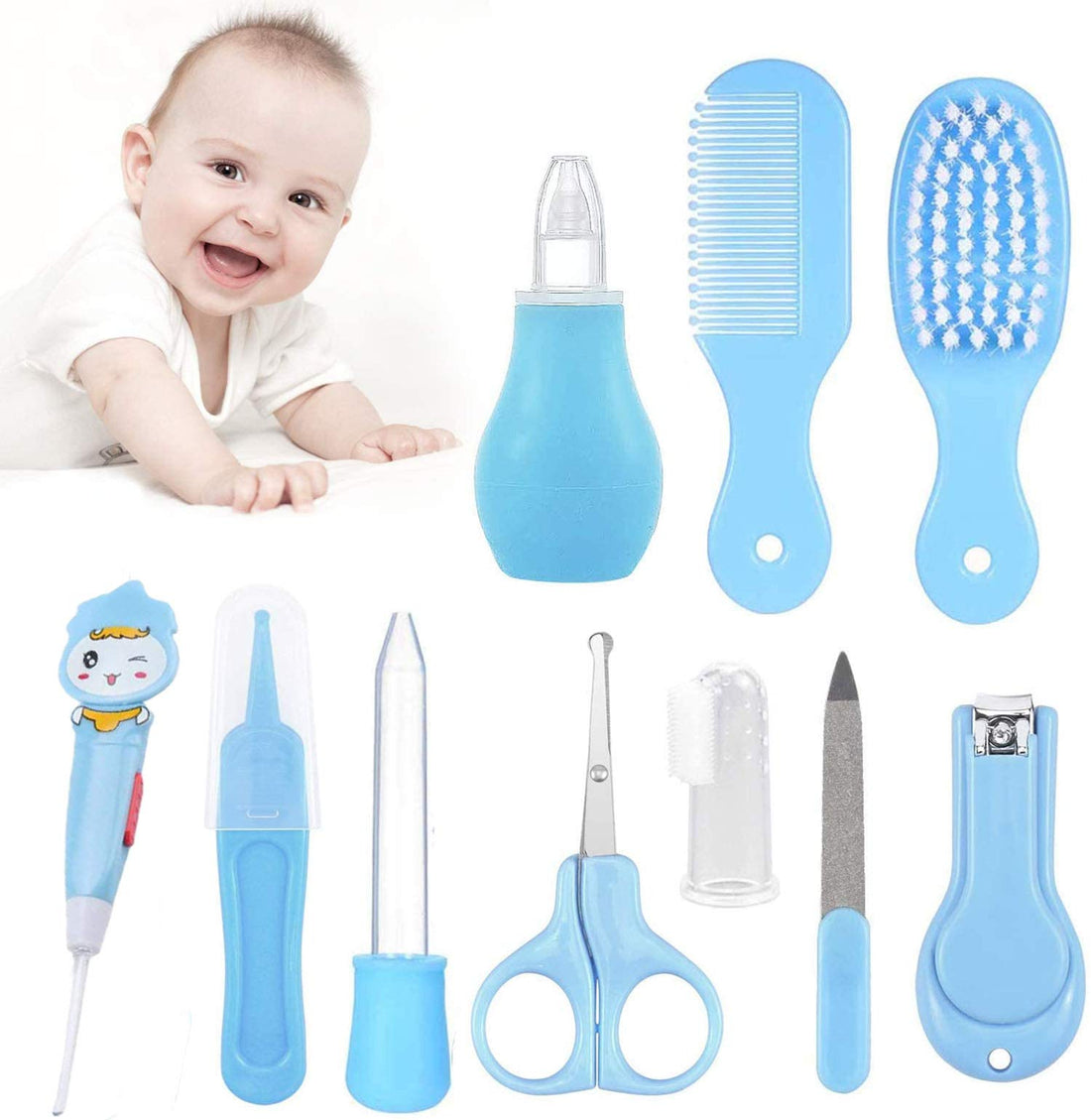 Baby Grooming Kit, Baby Care Items, 10Pcs Baby Health Care Tools,Newborn Essentials Baby Stuff Shower Gifts Care Products, Nail Clippers Trimmer Comb Brush Thermometer Kits, Blue
