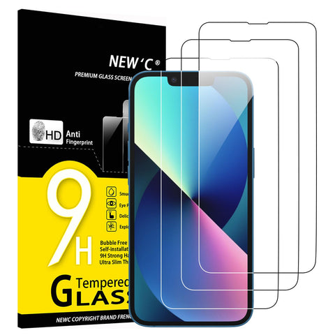NEW'C Pack of 3 Tempered Glass Screen Protector Film for iPhone 14, 13, 13 Pro (6.1 Inch), Bubble-Free – Ultra Resistant (0.33 mm HD Ultra Transparent) 9H Hardness Glass