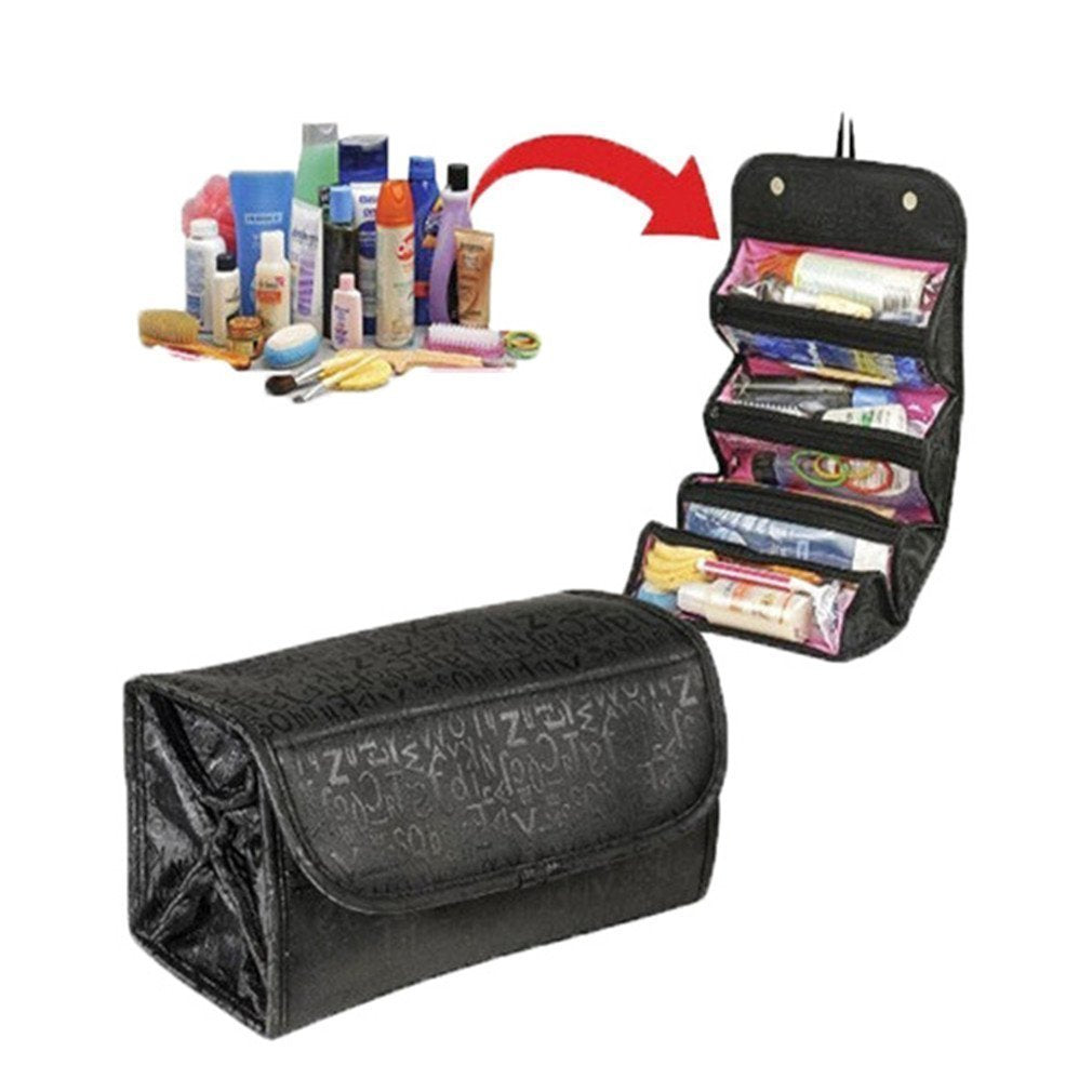Large Capacity 4-Layer Roll-up Travel Storage Bag Foldable Toiletry Bags Organizer Cosmetic Makeup Bag Pouch with a Flexible Hanging Hook (Black)