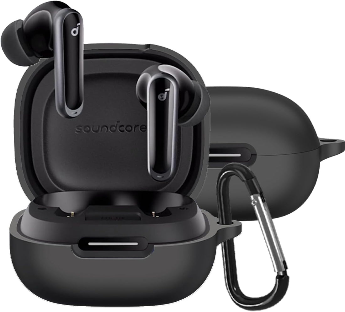 Case Compatible with Anker Soundcore P40i: Soft Silicone Shockproof Protective Case Cover for Soundcore P40i Wireless Earbuds with Carabiner (Black)