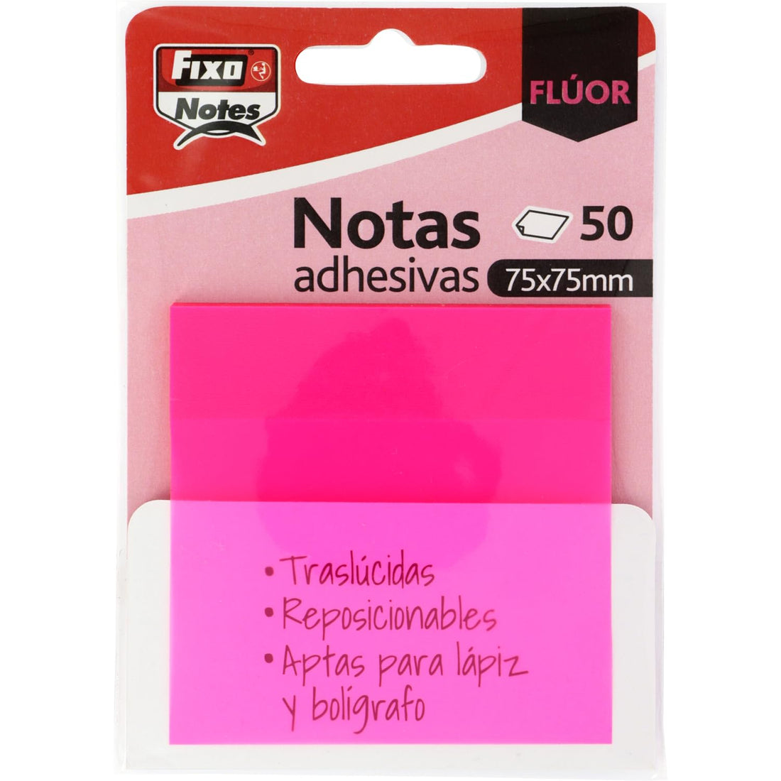 Fixo Notes | Transparent Sticky Notes | 50 Notes 75 x 75 mm | Plastic | Neon Fuchsia Pink | Reusable and Waterproof | Perfect for School Books and Office Documents