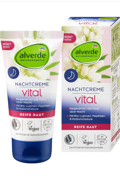 alverde natural cosmetics Vital Night Cream, 50 ml,Soothing night care,Rich texture With hyaluronic acid and organic lupine peptides