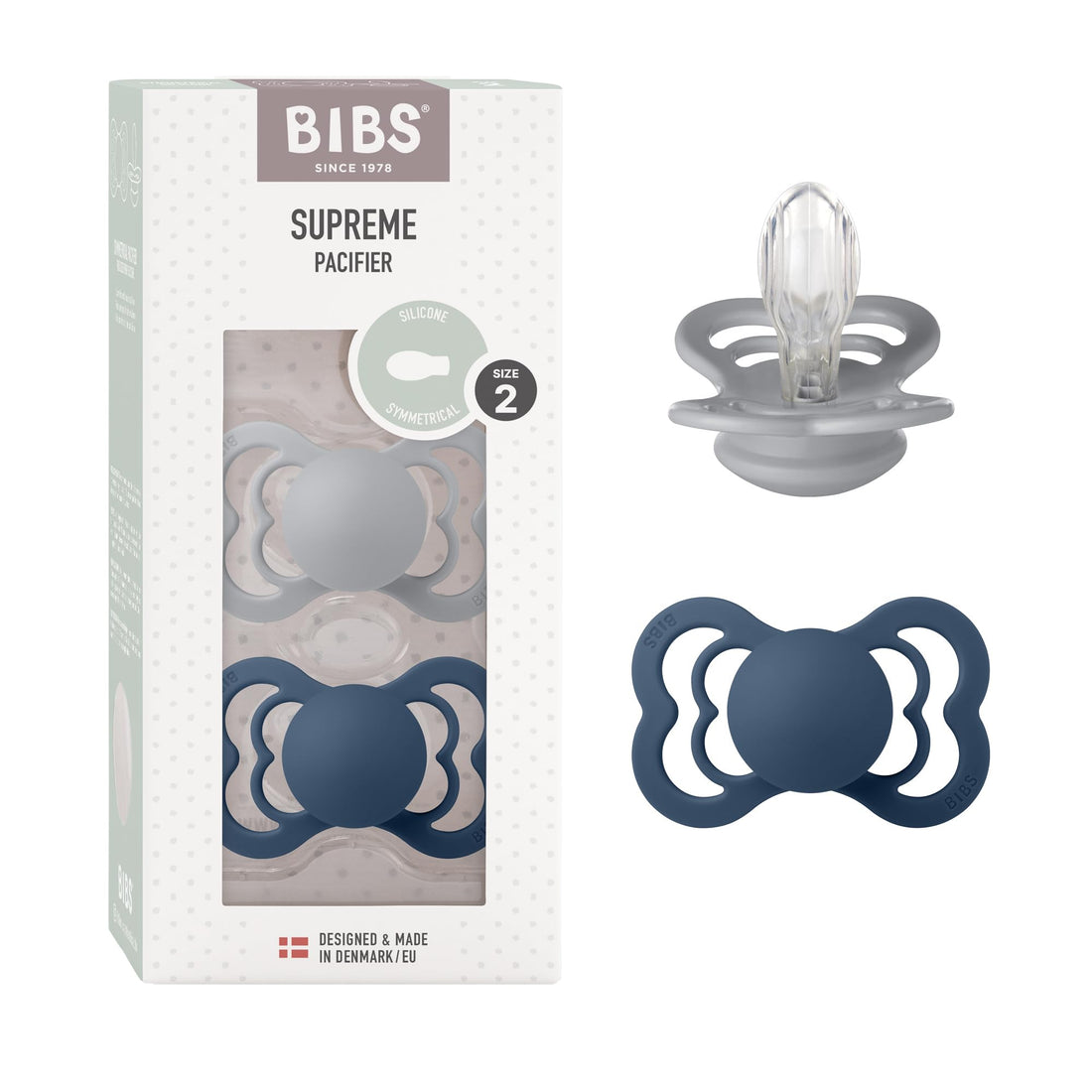 BIBS Pacifier Supreme Symmetrical Silicone Nipple | BPA Free | Made in Denmark | Size 2 (6-18 Months) | Pack of 2 | Cloud/Steel Blue
