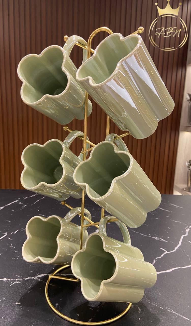 Premium Ceramic Tea Coffee Mug Set of 6 with Gold Metal Stand, Modern Flower Design, Mint Green