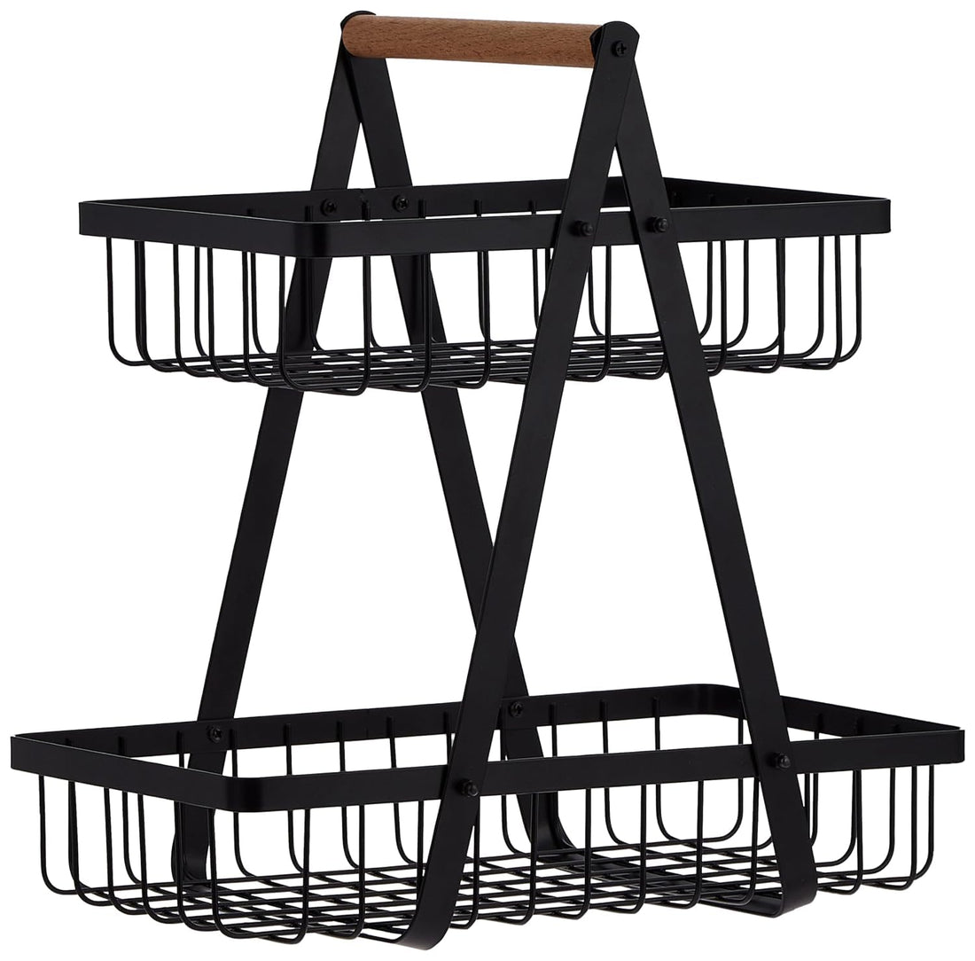 CAZADORA Kitchen Storage Solution: 2-Tier Countertop Fruit Basket & Vegetable Rack, Bread Display Stand - Stylish Black Design for Organizing Your Space