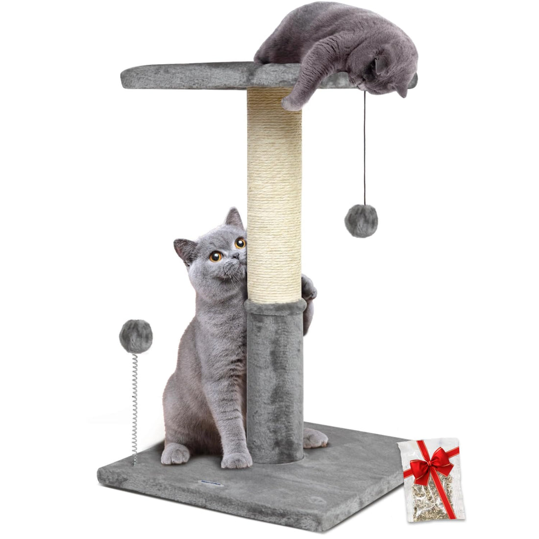 Happi N Pets 26" Cat Scratching Post with Perch, Natural Sisal Scratchers Trees for Indoor Cats, Featuring with Hanging Balls & Cozy Cat Bed, Stable Cat Scratch Posts for Kittens-Light Gray