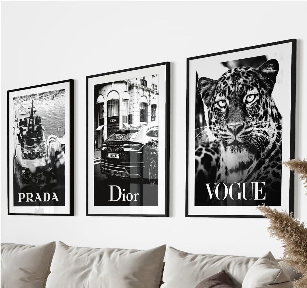 Luxury Fashion Wall Art Set, Black and White Framed Prints, Dior Prada Vogue Collection, Modern Designer Home Decor, Contemporary Gallery Style