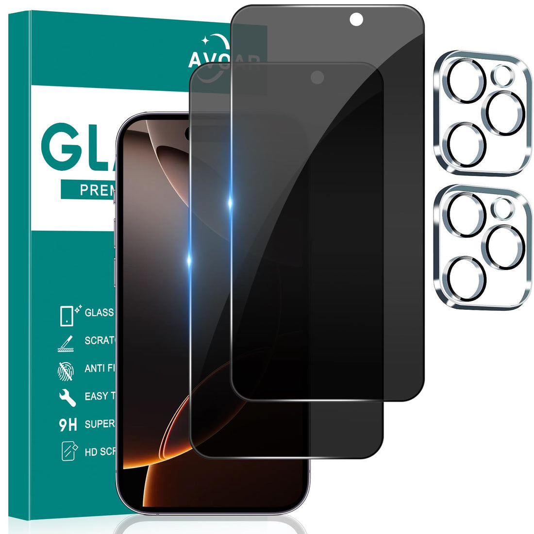 AVOAR [2+2 Pack Privacy Screen Protector for iPhone 16 Pro Max with Camera Lens Protector, 6.9 Inch Tempered Full Screen Glass Accessories, Anti-Spy, Bubble Free, Case Friendly