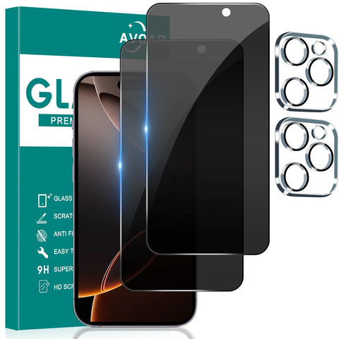 AVOAR [2+2 Pack Privacy Screen Protector for iPhone 16 Pro Max with Camera Lens Protector, 6.9 Inch Tempered Full Screen Glass Accessories, Anti-Spy, Bubble Free, Case Friendly