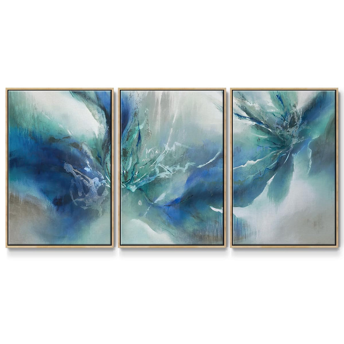 Renditions Gallery Abstract Wall Art Blue and Green Painting Picture Modern Home Décor Artwork 3 Pieces of Natural Framed Canvas Prints Wall Decorations for Bathroom and Kitchen 24x36 Inch LS008