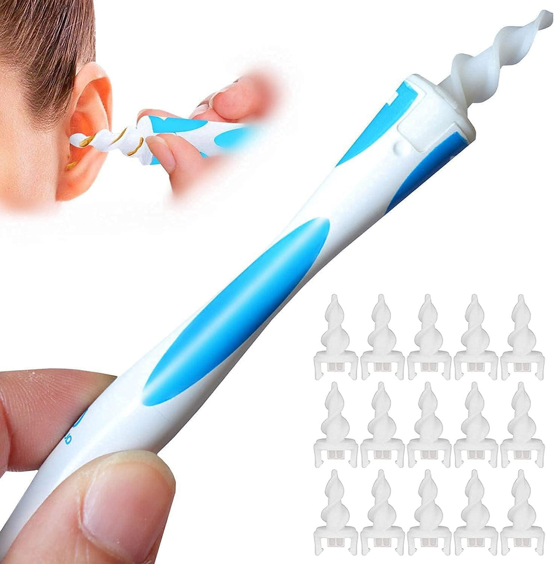 Ear Wax Removal Tool, Safe Spiral Soft Silicone Ear Cleaner with 16 Replaceable Replacement Heads, Multi-Use Ear Cleaner for Adults and Kids, Easy to Use and Reusable for Daily Ear Care