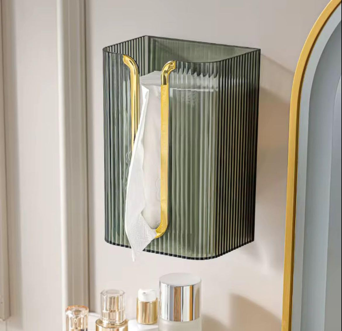 Luxury Wall Tissue Box Holder Modern Striped Design Clear Acrylic Tissue Holder Elegant Gold Hole Waterproof Adhesive Tissue Organizer for Bathroom Kitchen Bedroom Multicolor